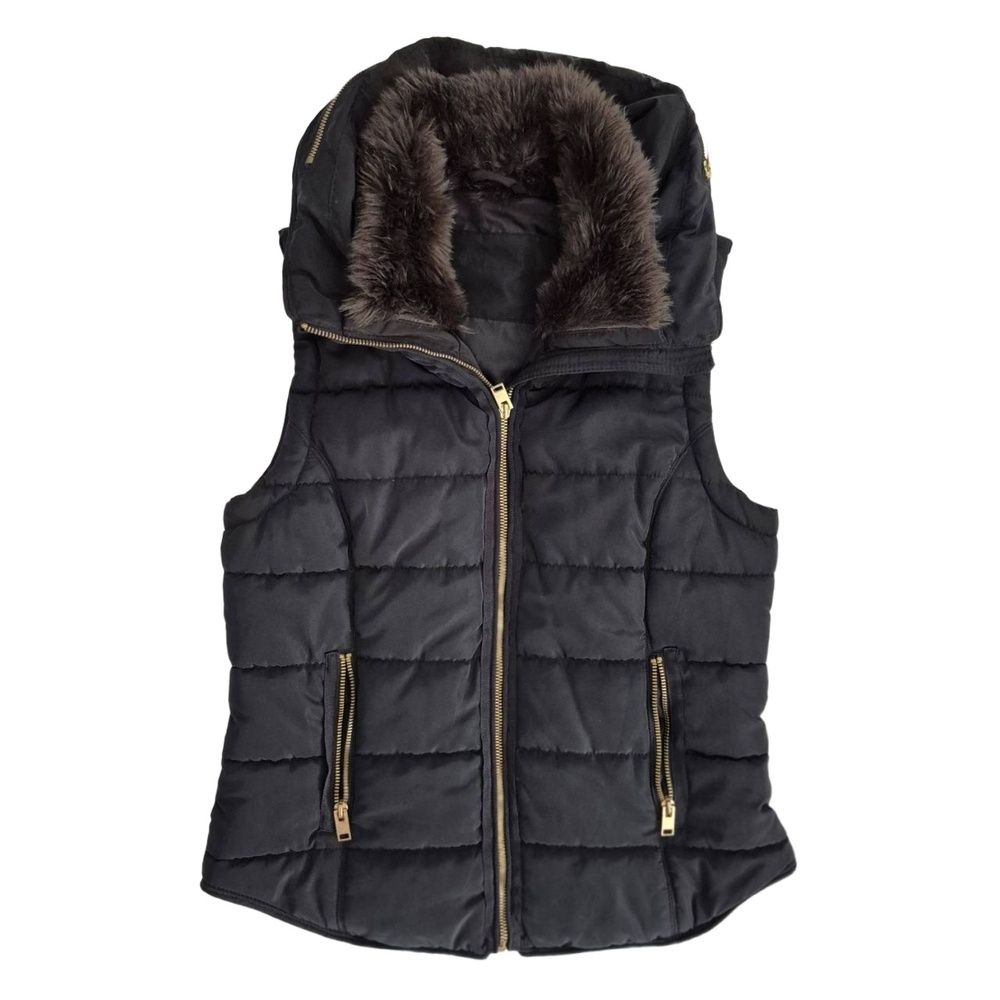 H&M Hooded Quilted Puffer Vest Black Gold Zippers Faux Fur Trim Women’s Small